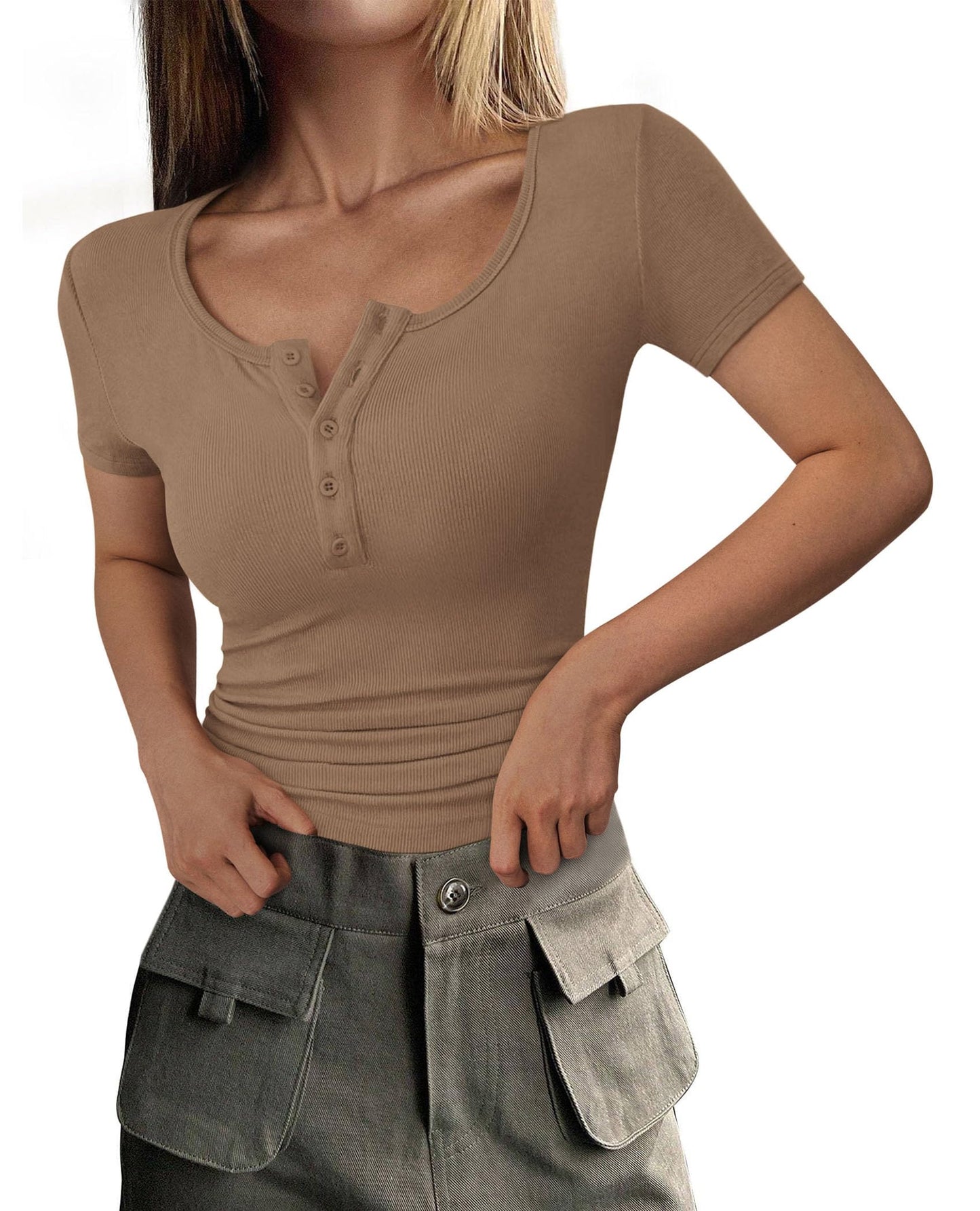 Ribbed Henley Button Short Sleeve Slim Fit T-Shirt