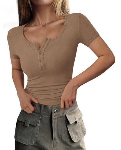 Ribbed Henley Button Short Sleeve Slim Fit T-Shirt