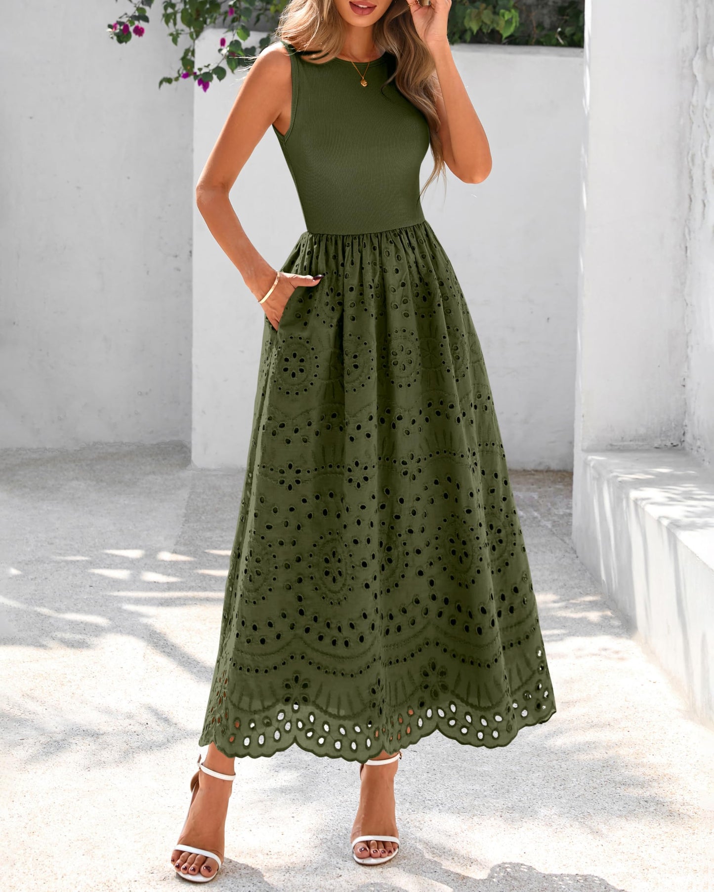 Sleeveless Crewneck Lace Eyelet Cotton Maxi Dress with Pockets