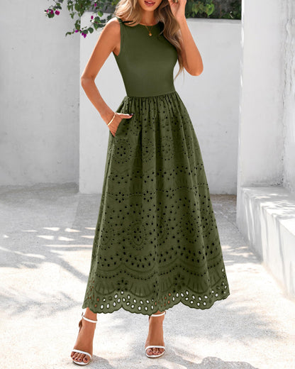 Sleeveless Crewneck Lace Eyelet Cotton Maxi Dress with Pockets