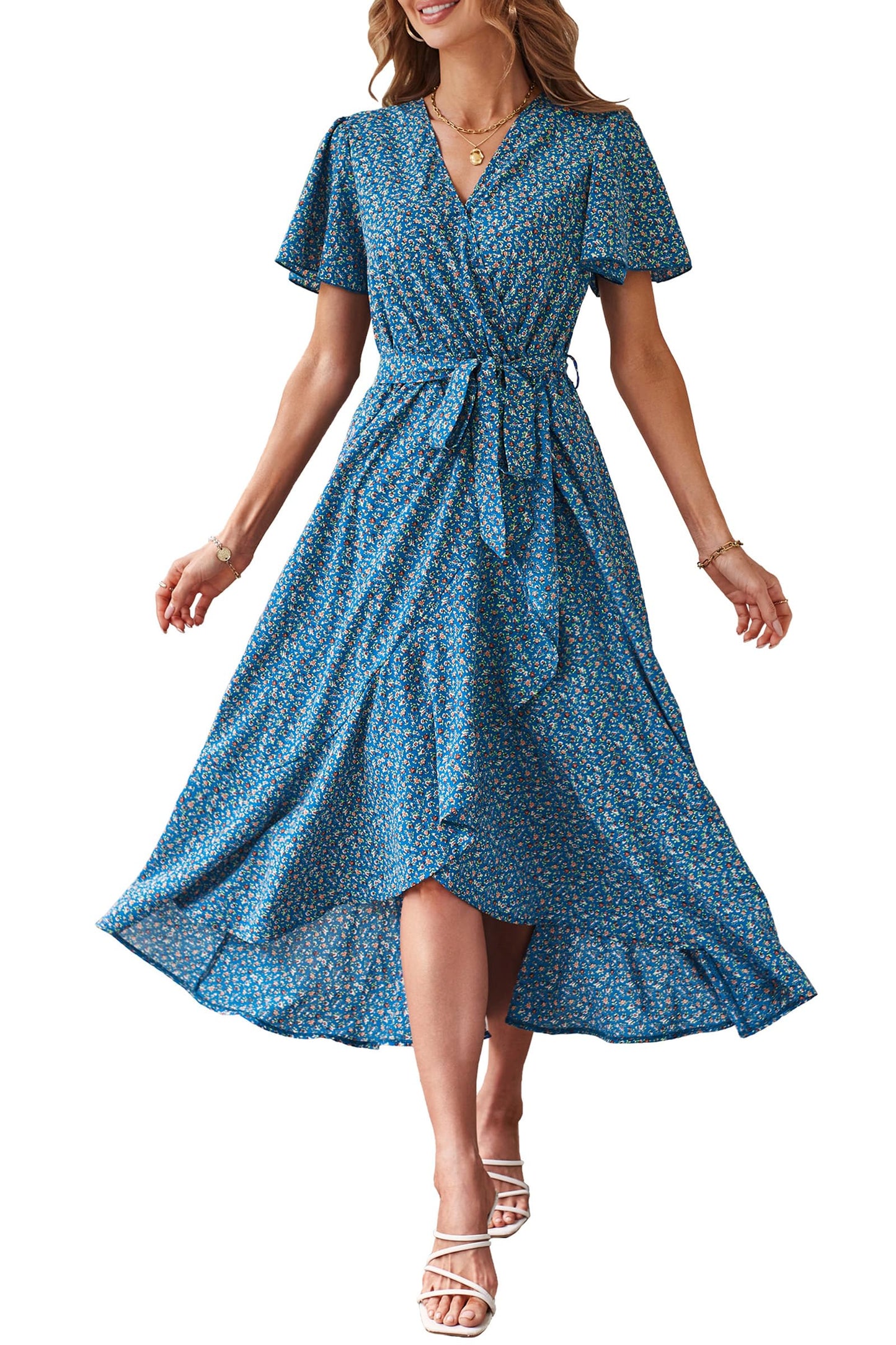 Women's Floral Wrap V-Neck Ruffle Boho Maxi Dress