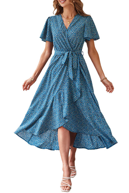 Women's Floral Wrap V-Neck Ruffle Boho Maxi Dress