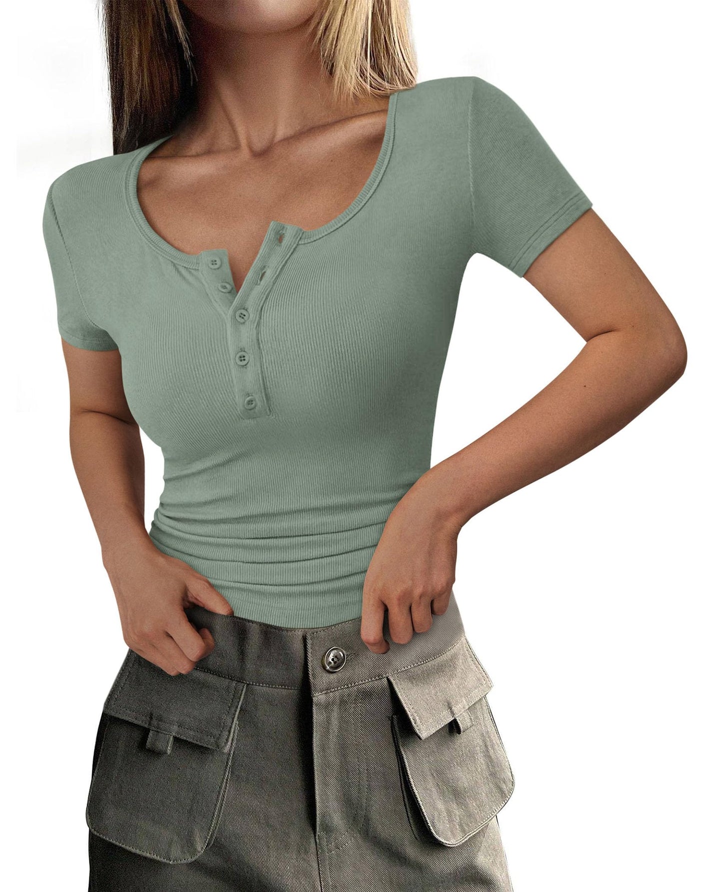 Ribbed Henley Button Short Sleeve Slim Fit T-Shirt