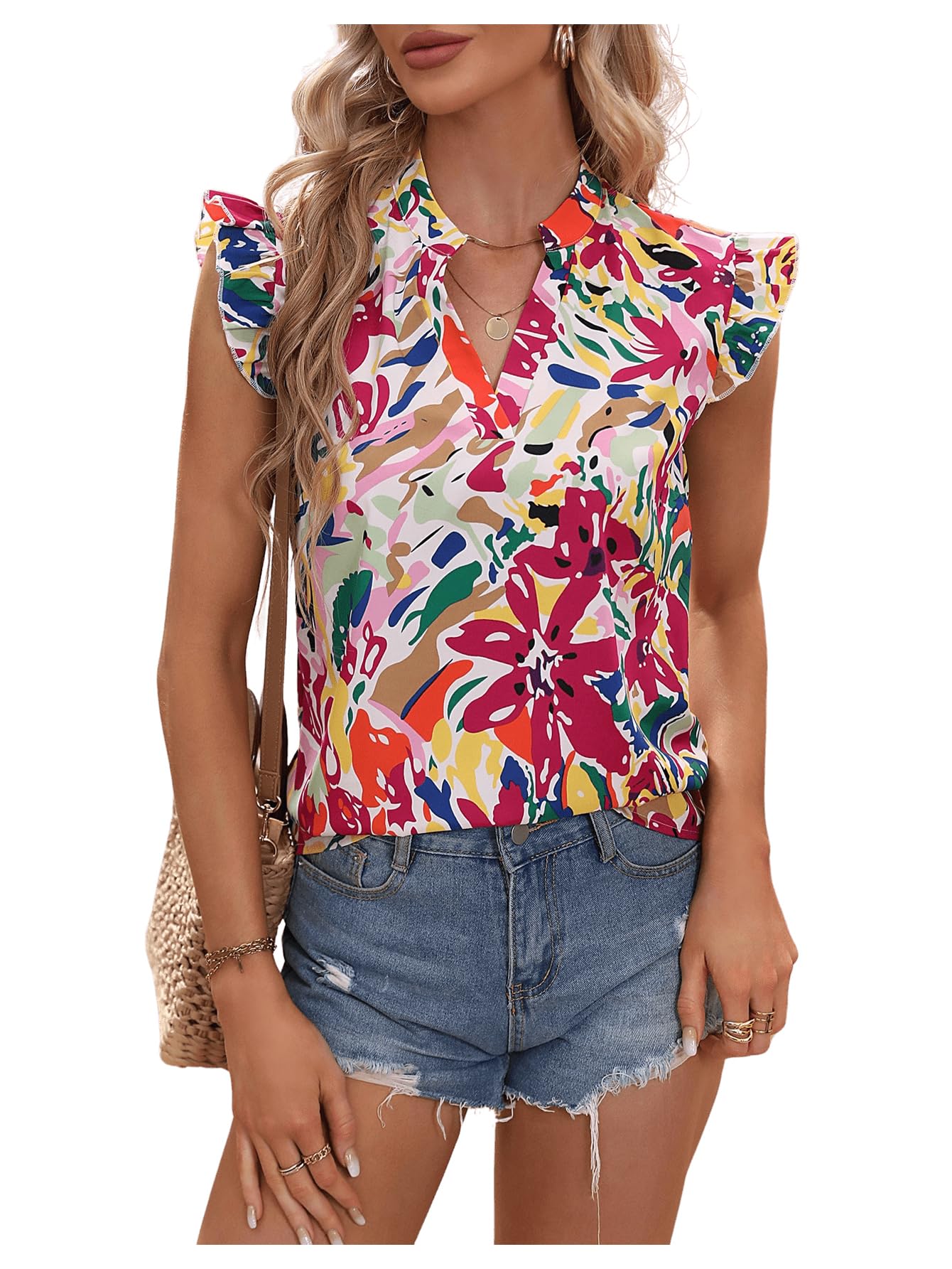 Striped Ruffle Cap Sleeve V-Neck Casual Work Blouse