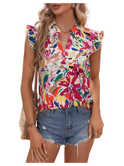 Striped Ruffle Cap Sleeve V-Neck Casual Work Blouse