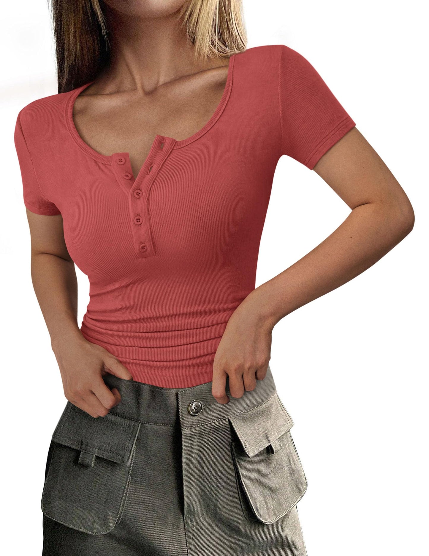 Ribbed Henley Button Short Sleeve Slim Fit T-Shirt