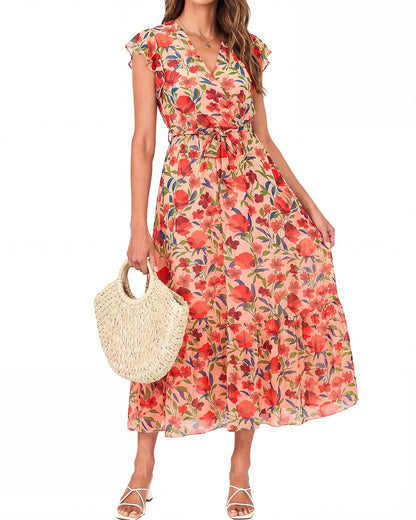 Women's Bohemian Floral Wrap V-Neck A-Line Midi Dress