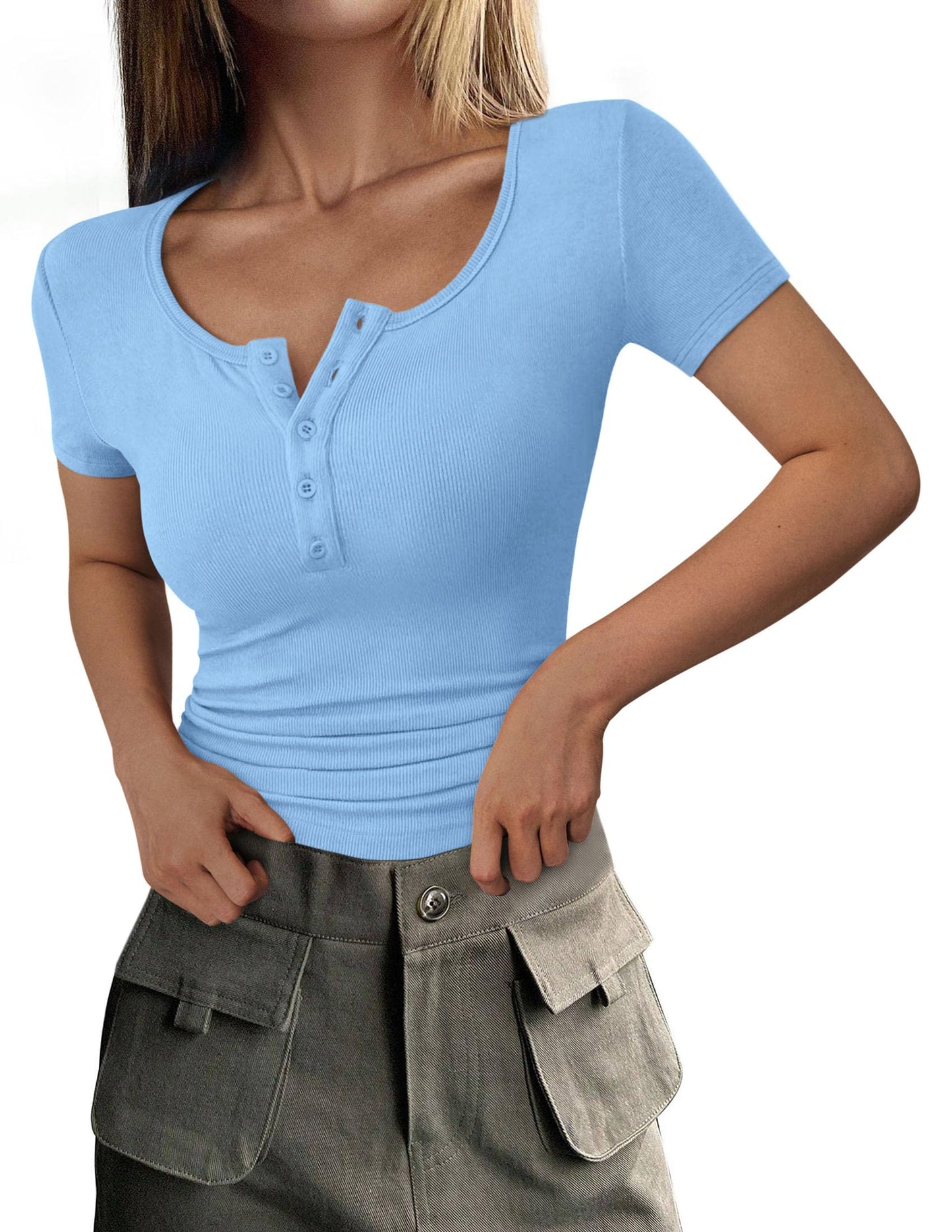 Ribbed Henley Button Short Sleeve Slim Fit T-Shirt