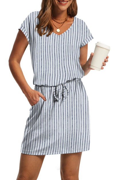 V-Neck Tie Waist Casual Mini Sundress with Pockets