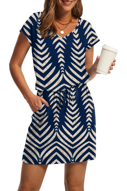 V-Neck Tie Waist Casual Mini Sundress with Pockets