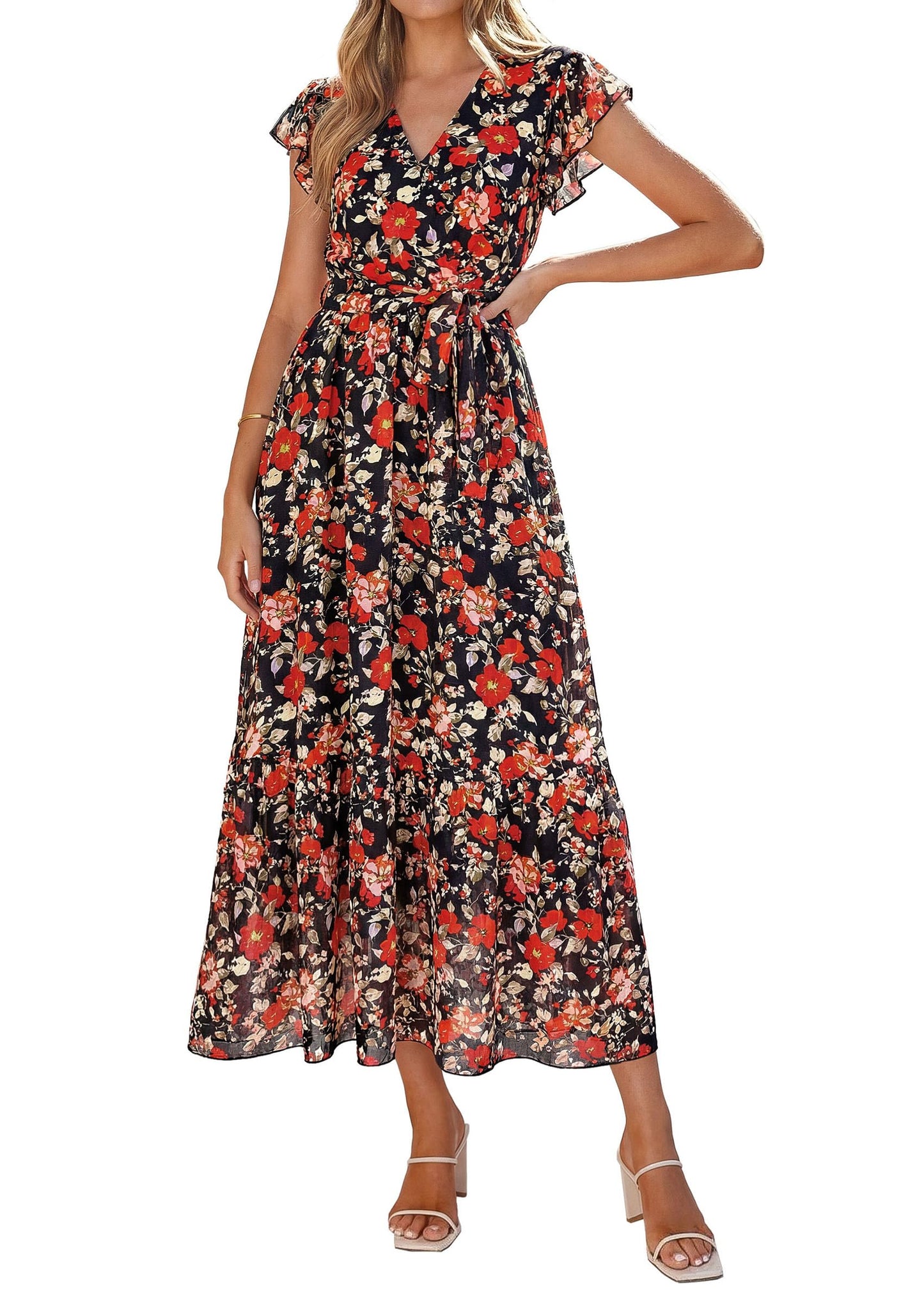 Women's Floral Wrap V-Neck Ruffle Boho Maxi Dress