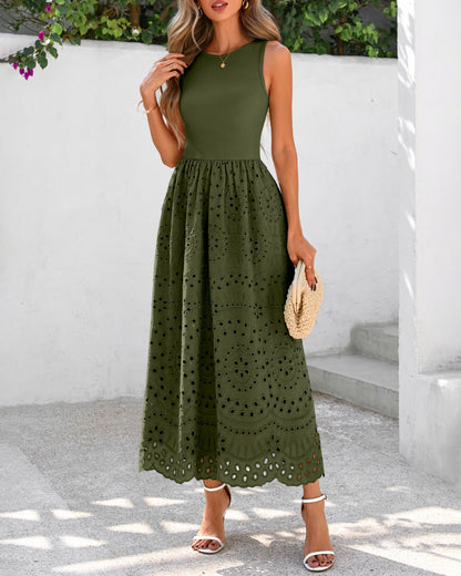 Sleeveless Crewneck Lace Eyelet Cotton Maxi Dress with Pockets