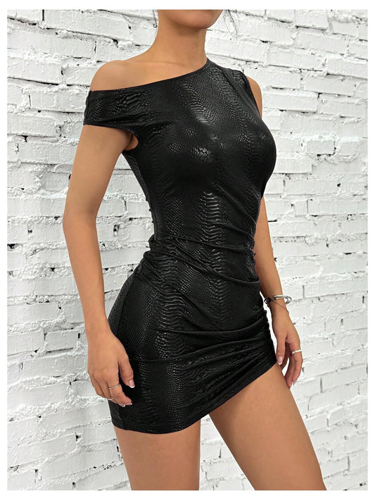 Women's Off-Shoulder Ruched PU Leather Mini Dress