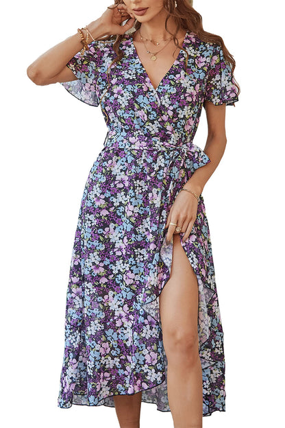 Women's Floral Wrap V-Neck Ruffle Boho Maxi Dress