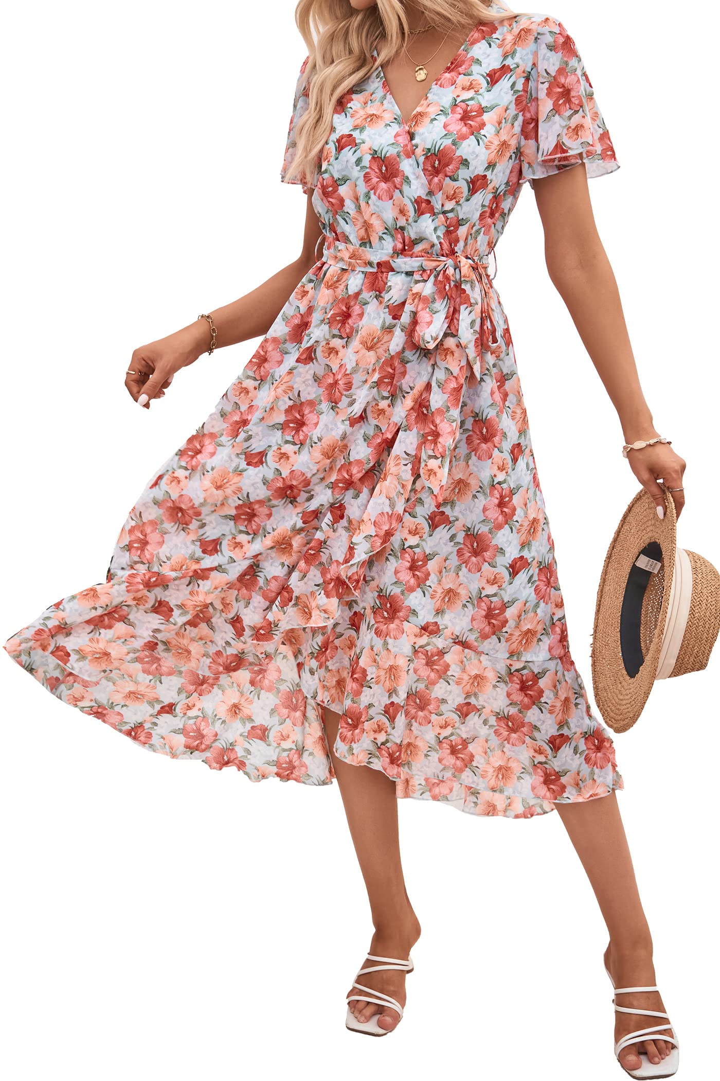 Women's Floral Wrap V-Neck Ruffle Boho Maxi Dress
