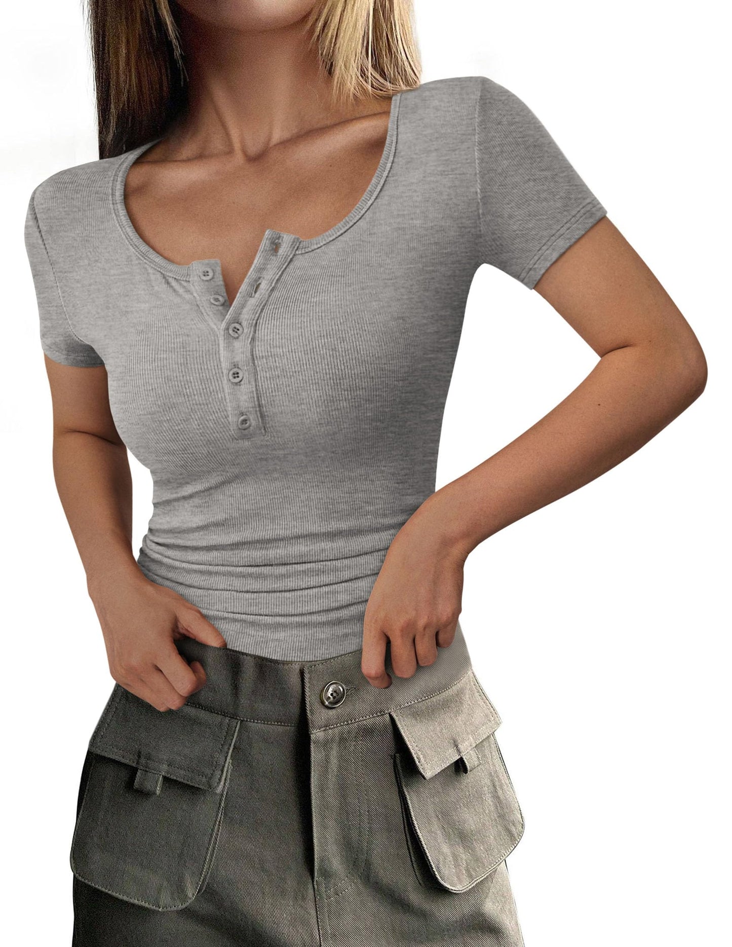 Ribbed Henley Button Short Sleeve Slim Fit T-Shirt