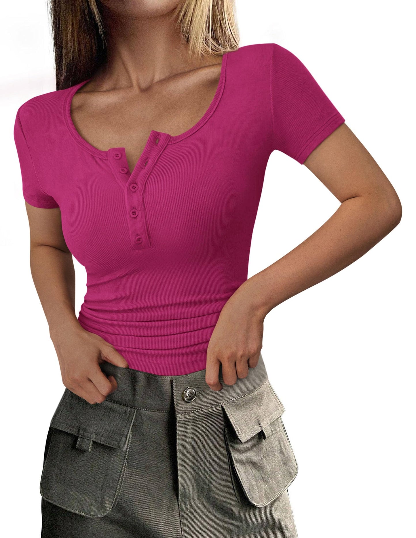 Ribbed Henley Button Short Sleeve Slim Fit T-Shirt