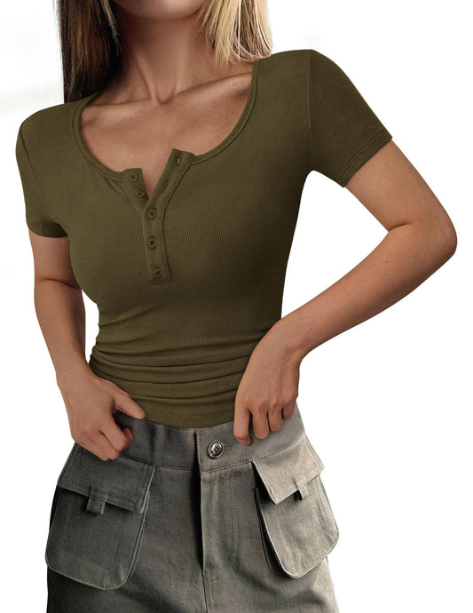 Ribbed Henley Button Short Sleeve Slim Fit T-Shirt