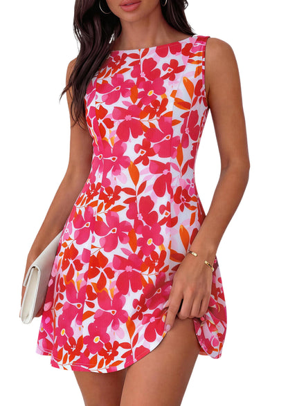 Women's Floral Sleeveless A-Line Boat Neck Mini Dress