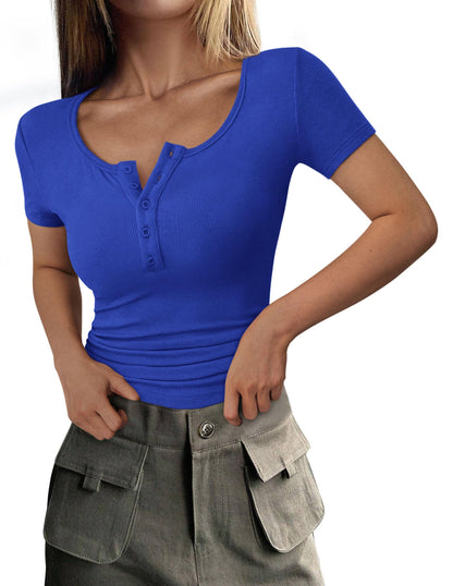 Ribbed Henley Button Short Sleeve Slim Fit T-Shirt
