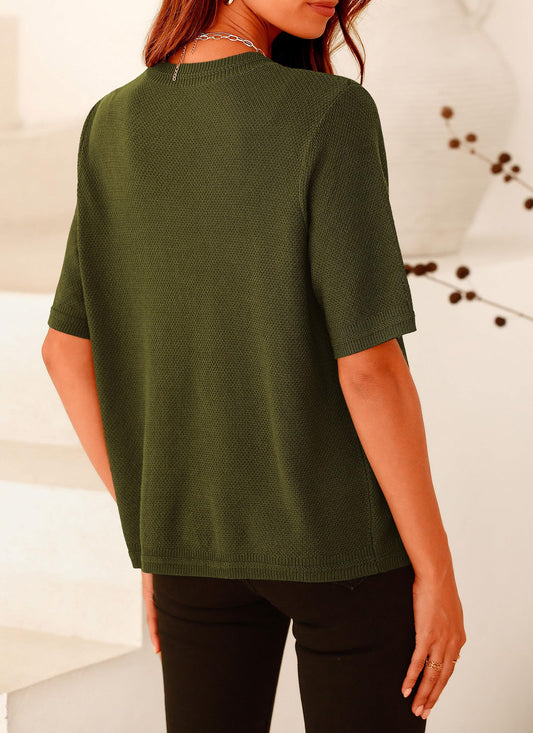 Short Sleeve Ribbed Knit Button-Down Casual Top