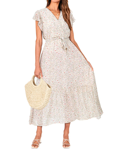Women's Bohemian Floral Wrap V-Neck A-Line Midi Dress