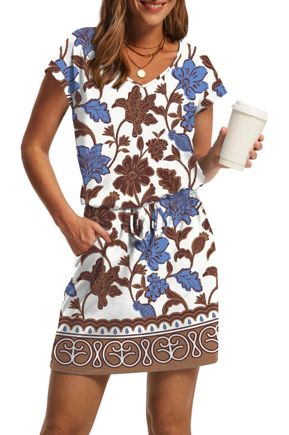 V-Neck Tie Waist Casual Mini Sundress with Pockets