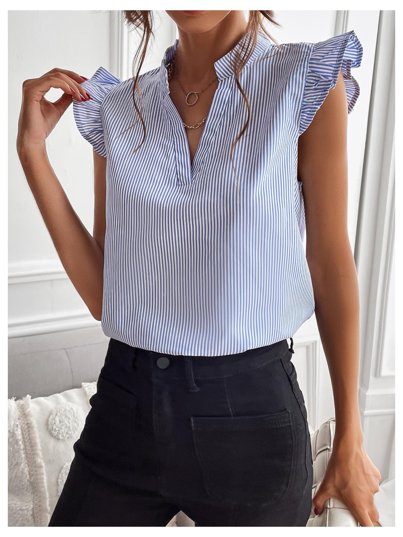 Striped Ruffle Cap Sleeve V-Neck Casual Work Blouse
