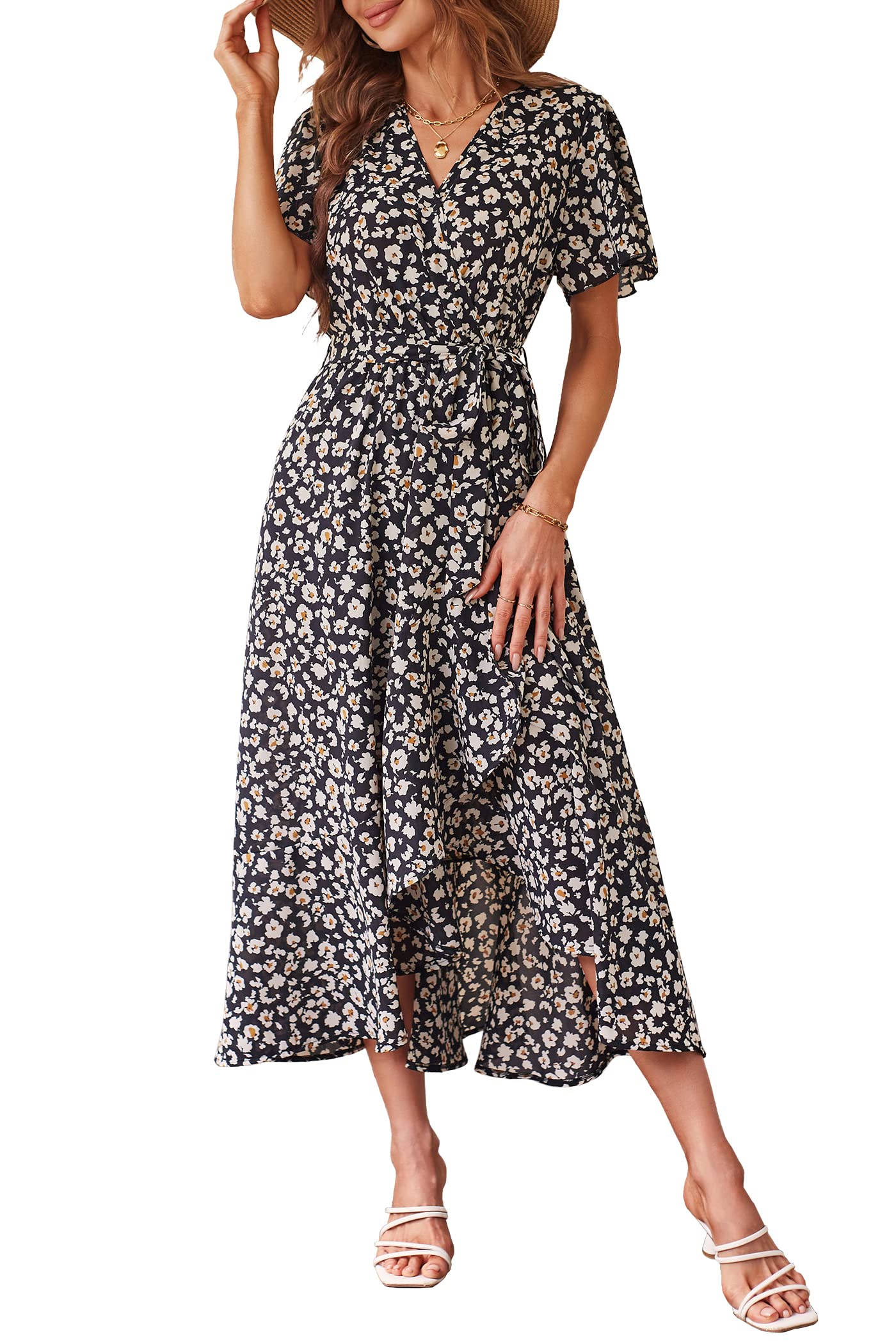 Women's Floral Wrap V-Neck Ruffle Boho Maxi Dress