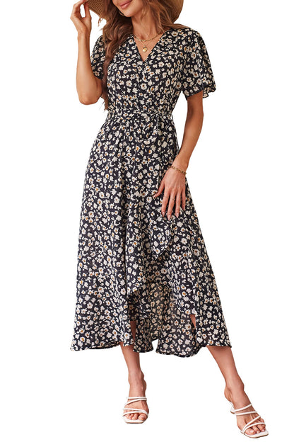 Women's Floral Wrap V-Neck Ruffle Boho Maxi Dress