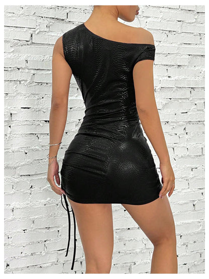 Women's Off-Shoulder Ruched PU Leather Mini Dress