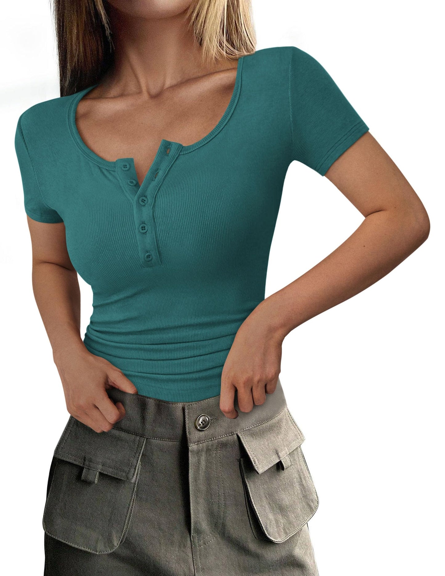 Ribbed Henley Button Short Sleeve Slim Fit T-Shirt