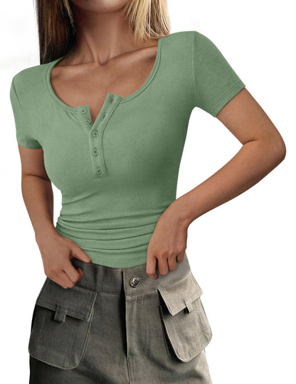 Ribbed Henley Button Short Sleeve Slim Fit T-Shirt