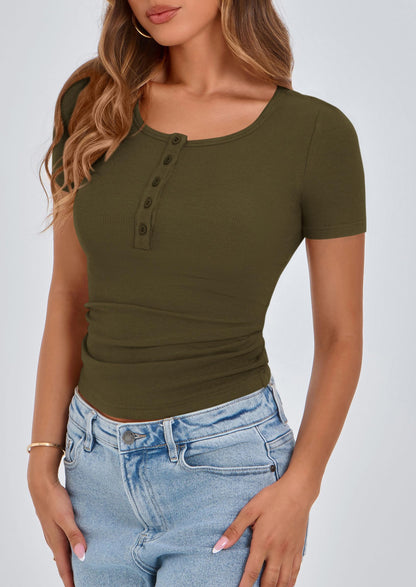 Ribbed Henley Button Short Sleeve Slim Fit T-Shirt