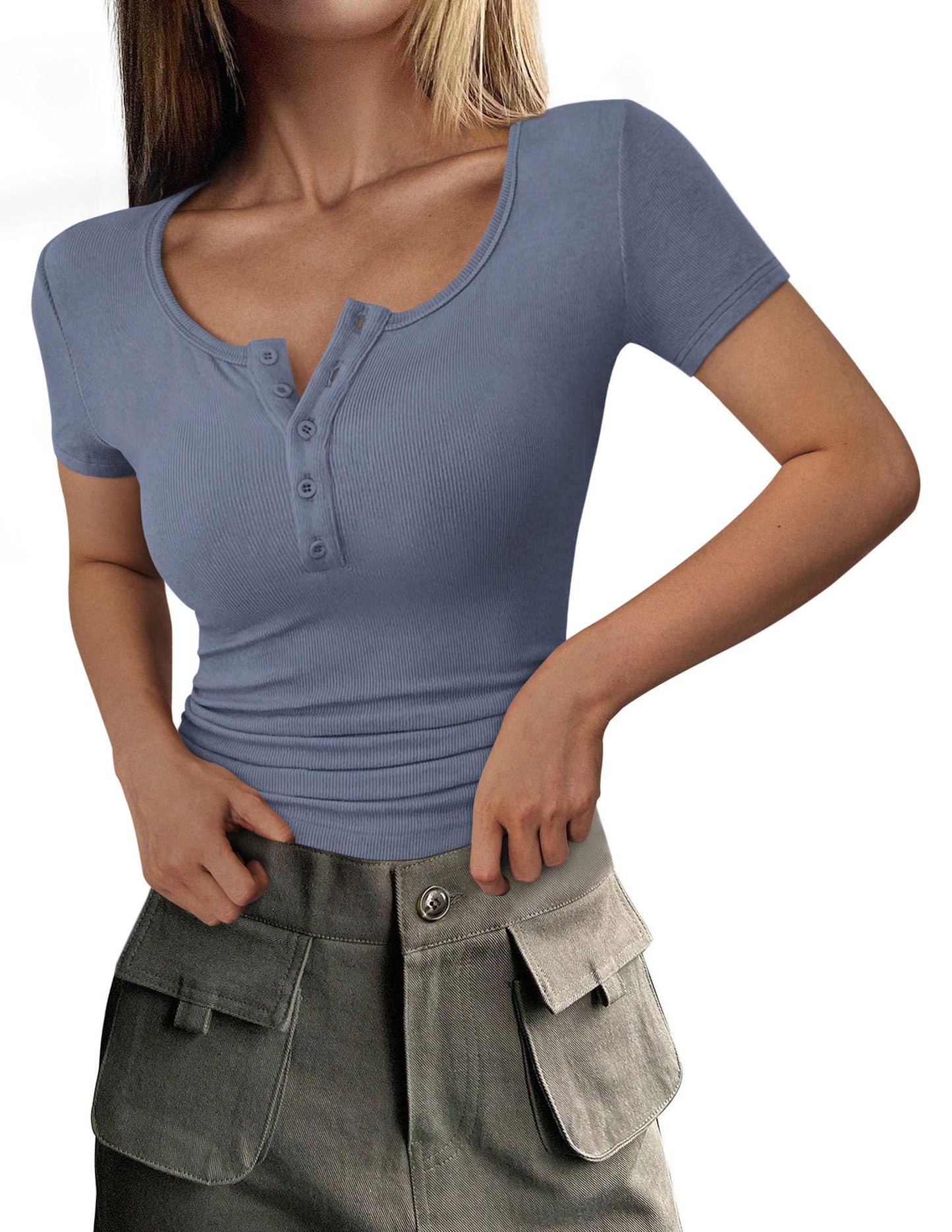 Ribbed Henley Button Short Sleeve Slim Fit T-Shirt