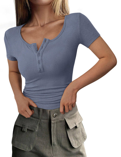 Ribbed Henley Button Short Sleeve Slim Fit T-Shirt