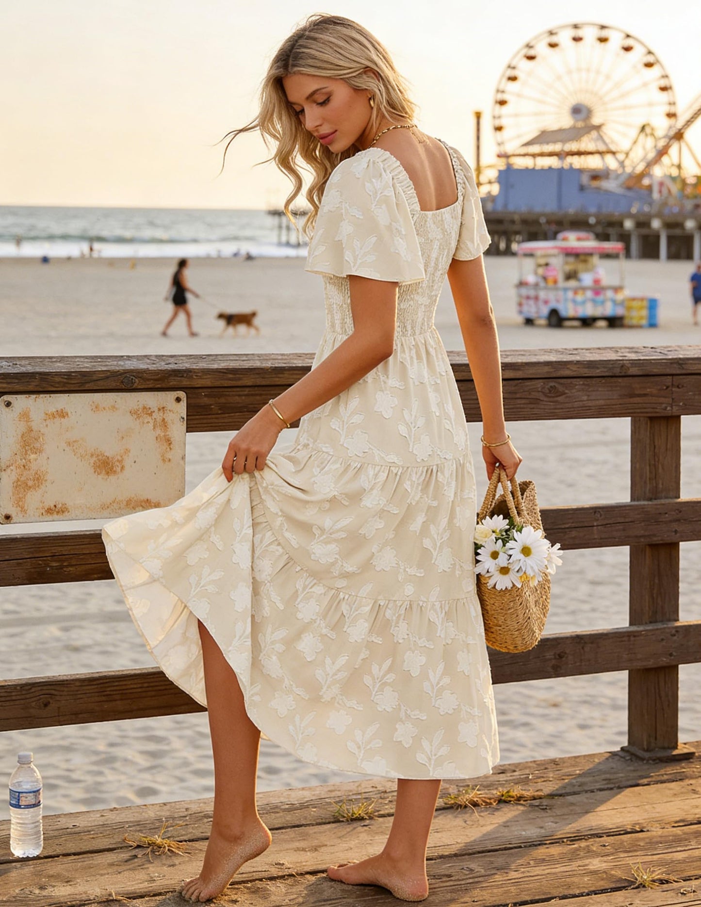 Women's Boho Floral Square Neck Midi Dress