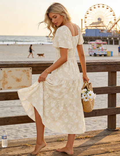 Women's Boho Floral Square Neck Midi Dress