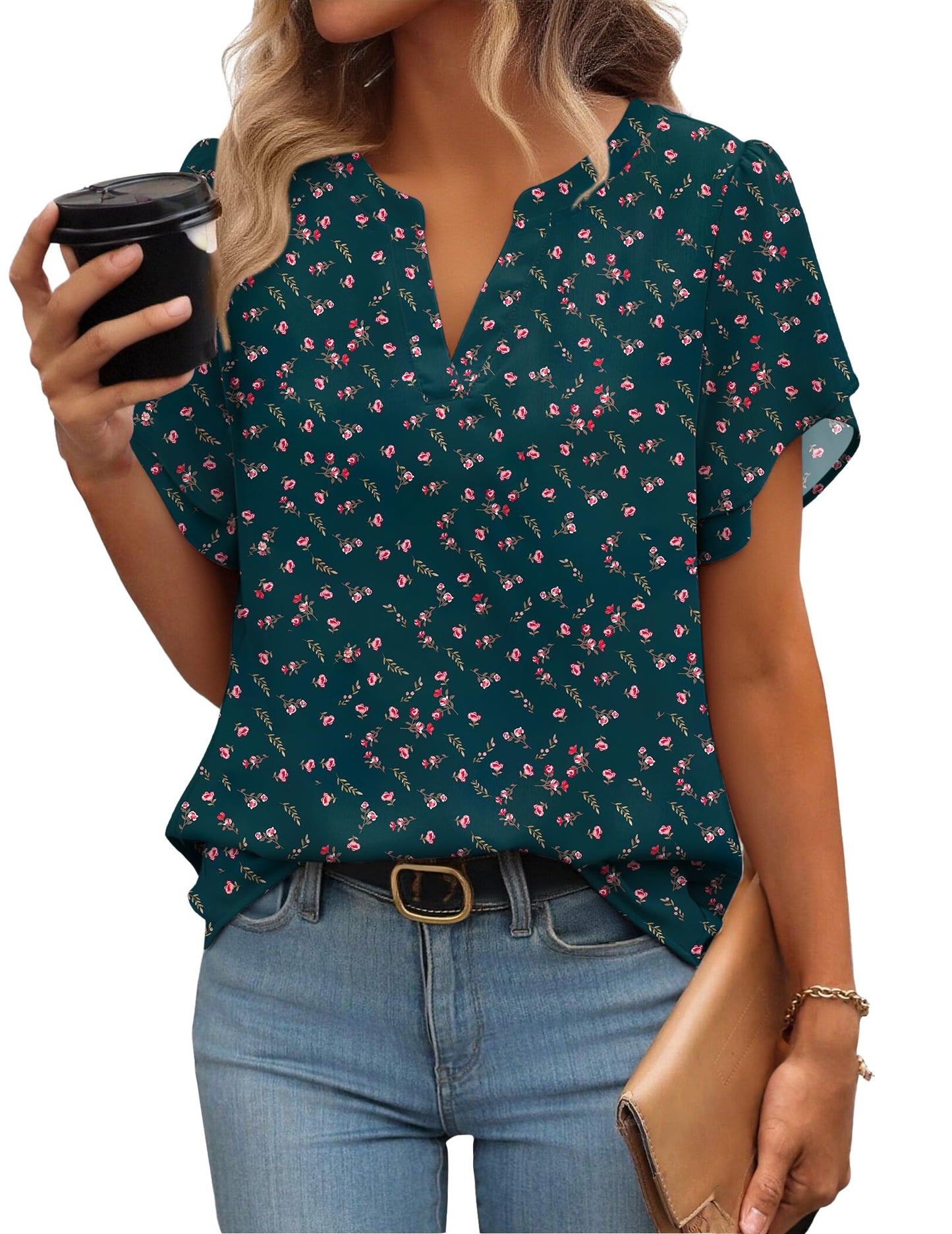Short Sleeve V-Neck Chiffon Business Casual Blouse