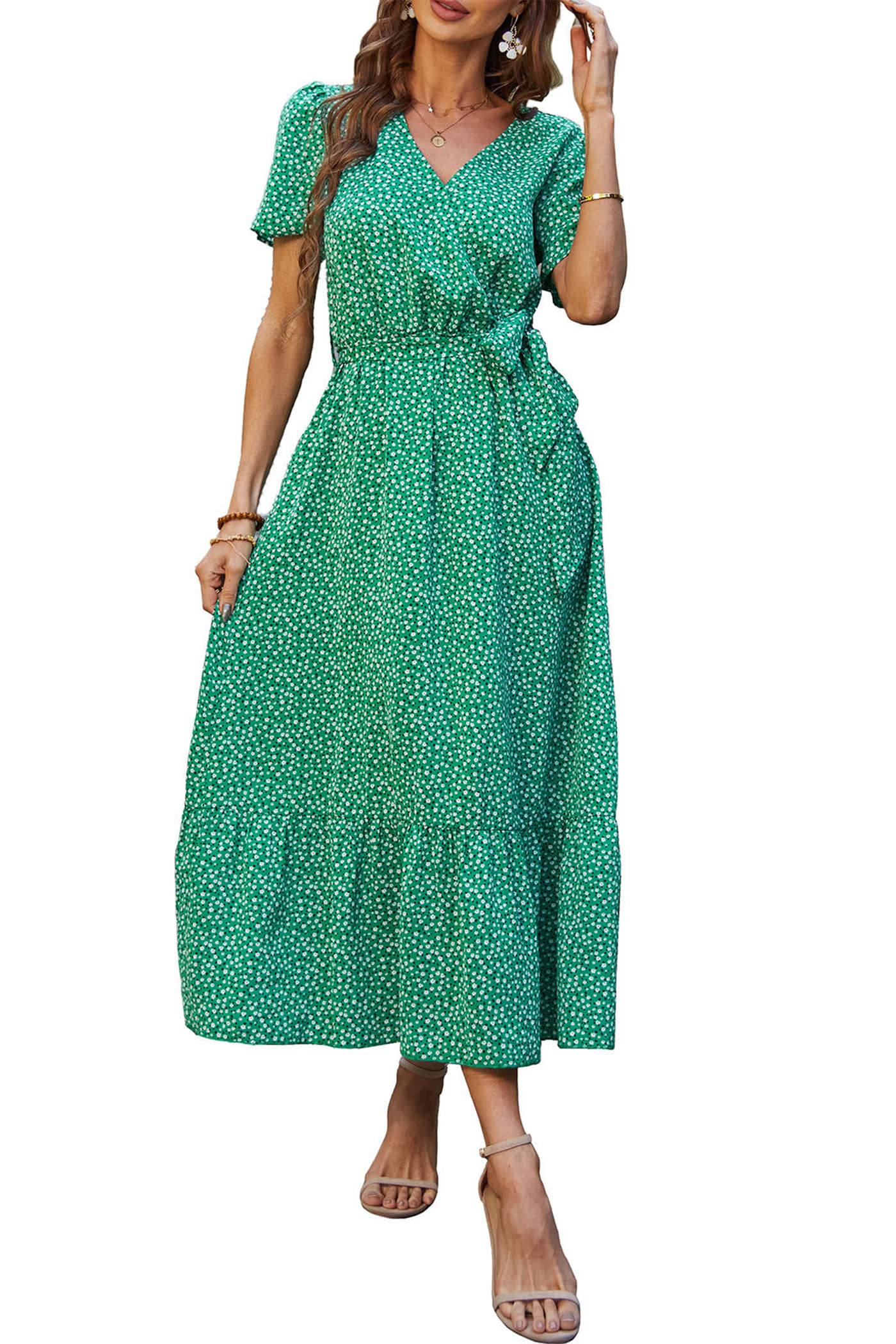 Women's Floral Wrap V-Neck Ruffle Boho Maxi Dress