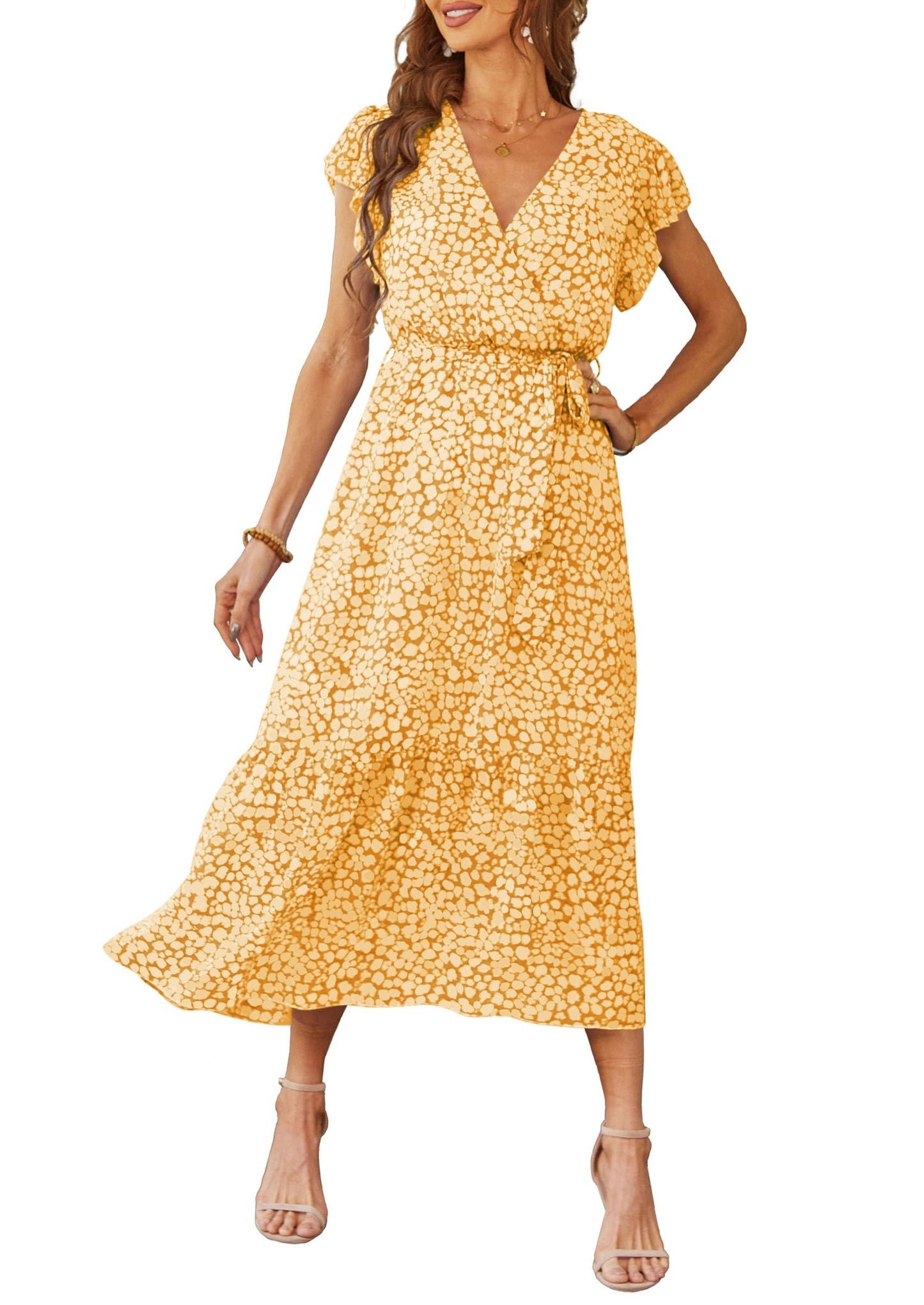 Women's Floral Wrap V-Neck Ruffle Boho Maxi Dress