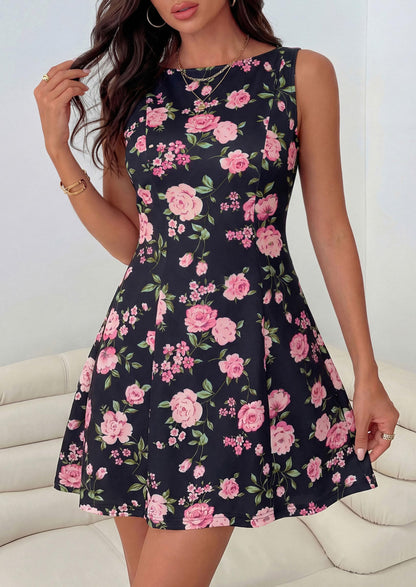 Women's Floral Sleeveless A-Line Boat Neck Mini Dress
