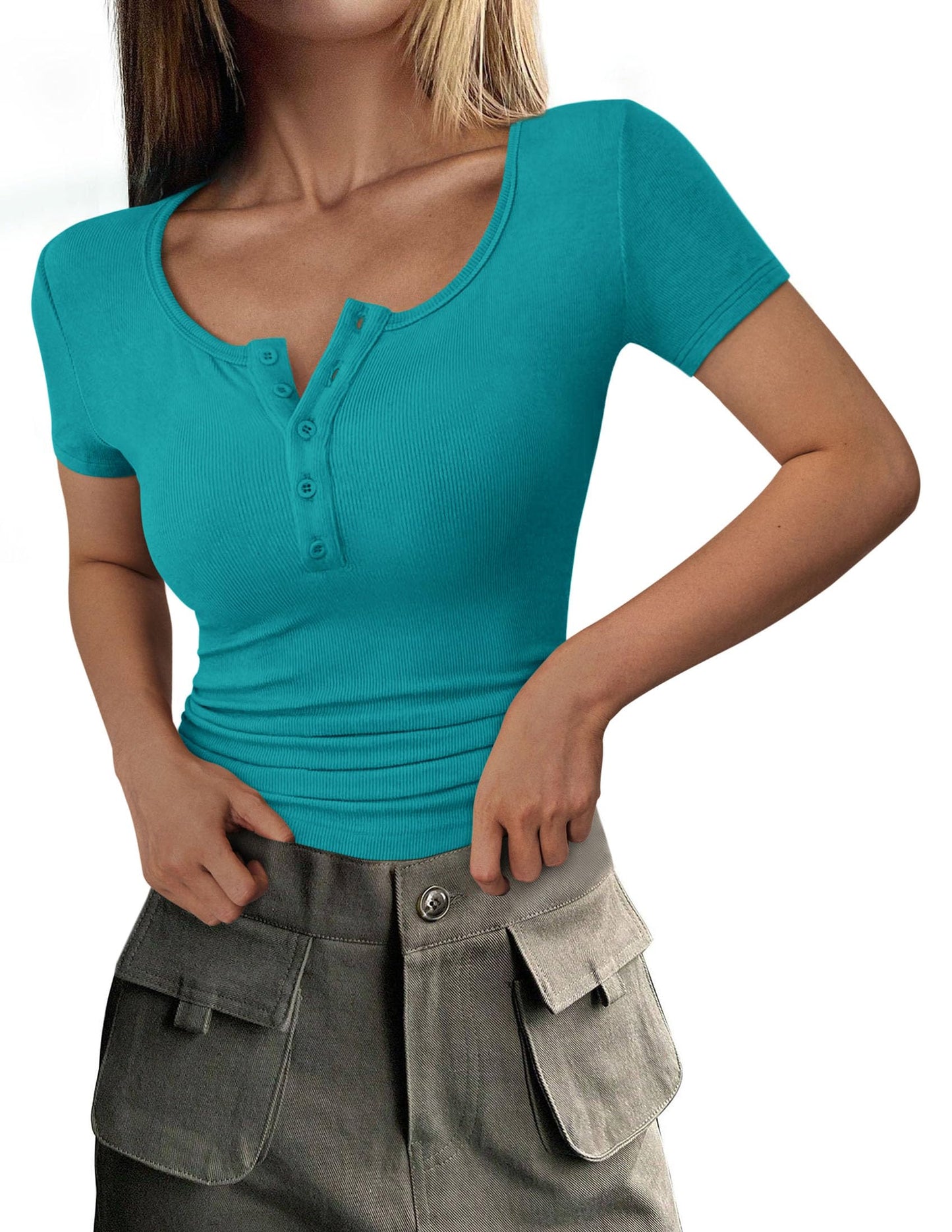 Ribbed Henley Button Short Sleeve Slim Fit T-Shirt