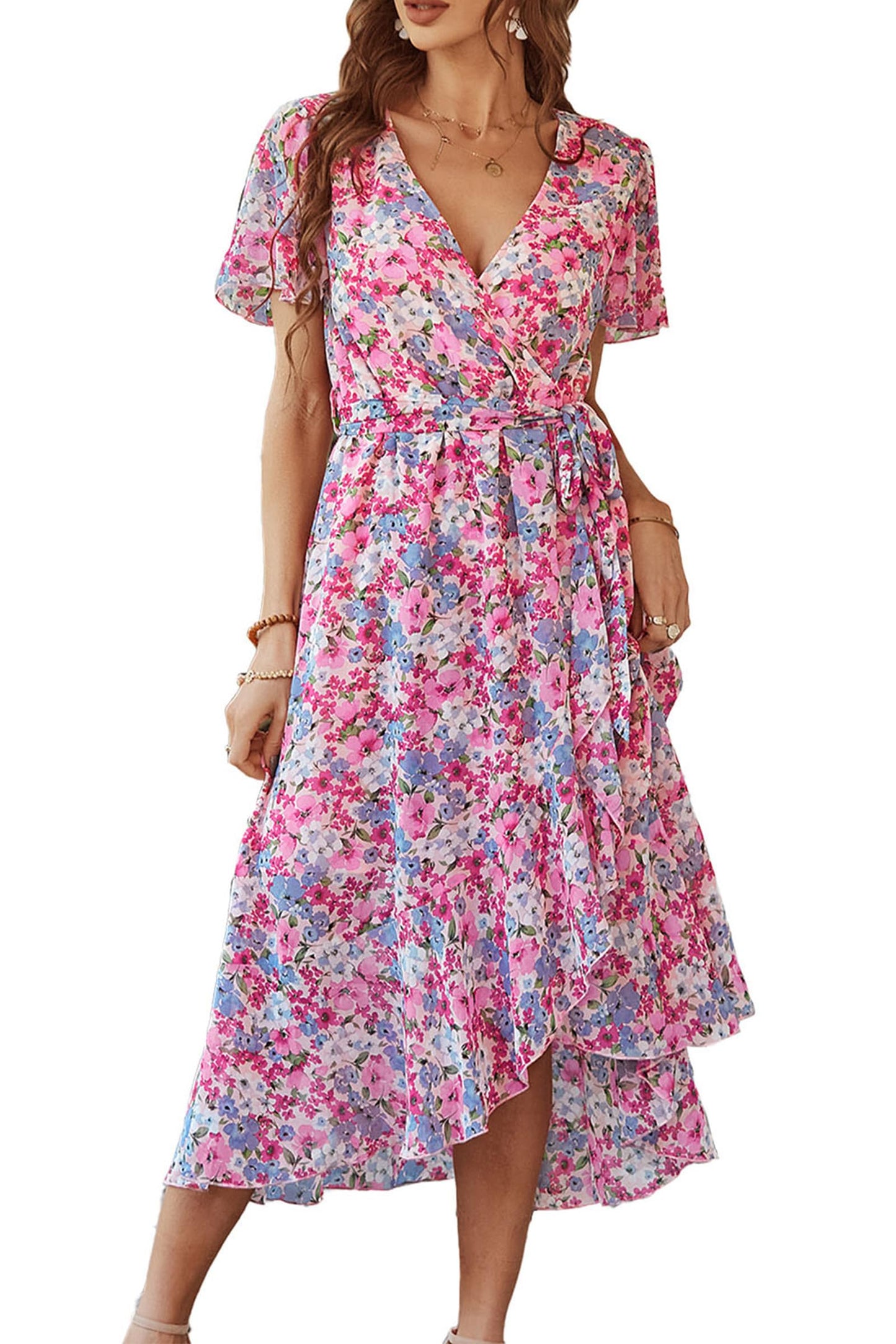 Women's Floral Wrap V-Neck Ruffle Boho Maxi Dress