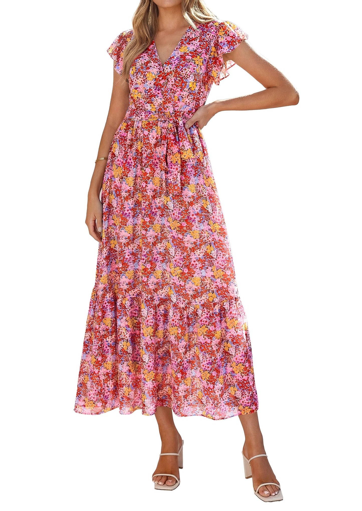 Women's Floral Wrap V-Neck Ruffle Boho Maxi Dress