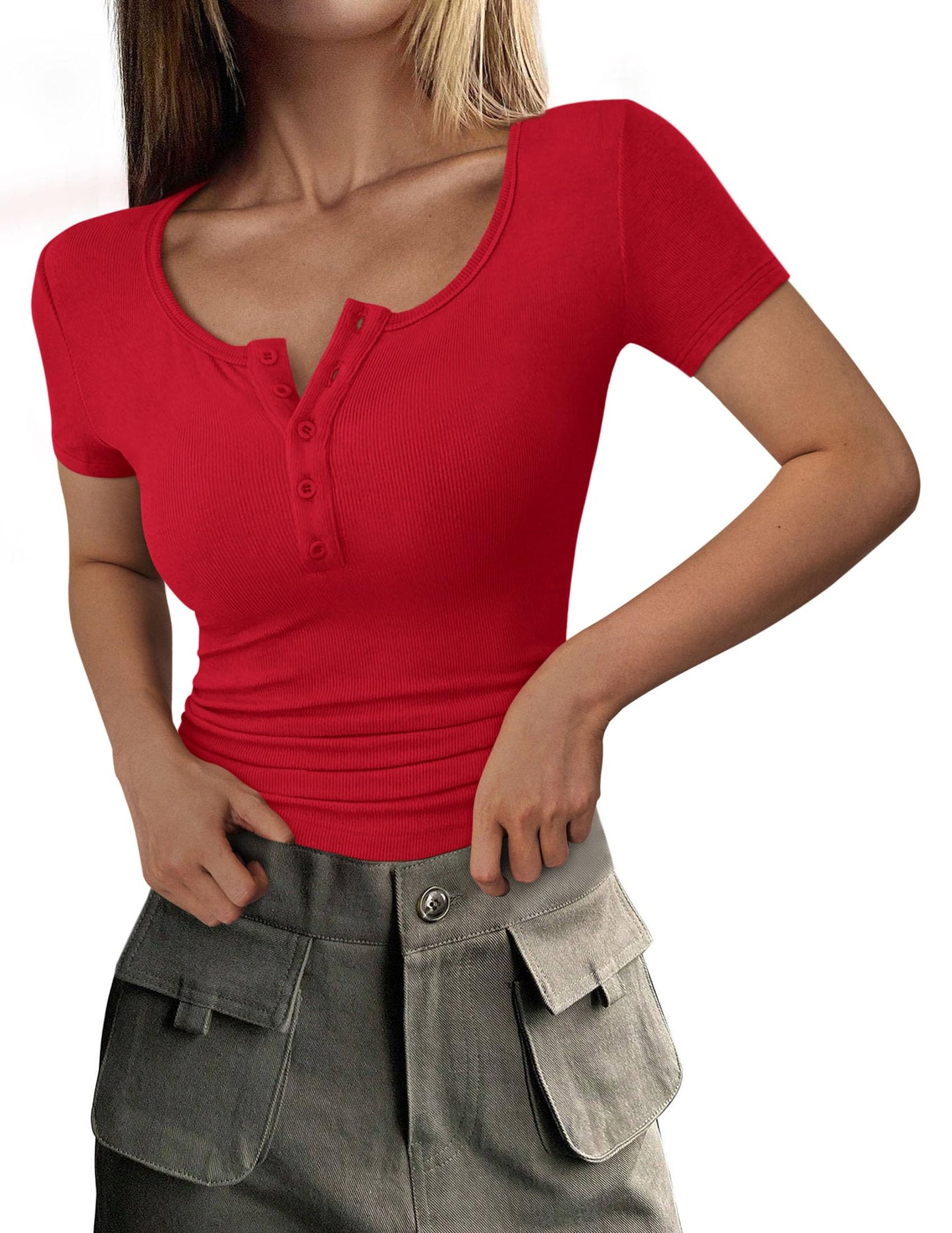Ribbed Henley Button Short Sleeve Slim Fit T-Shirt