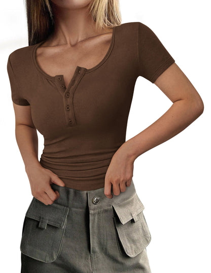 Ribbed Henley Button Short Sleeve Slim Fit T-Shirt