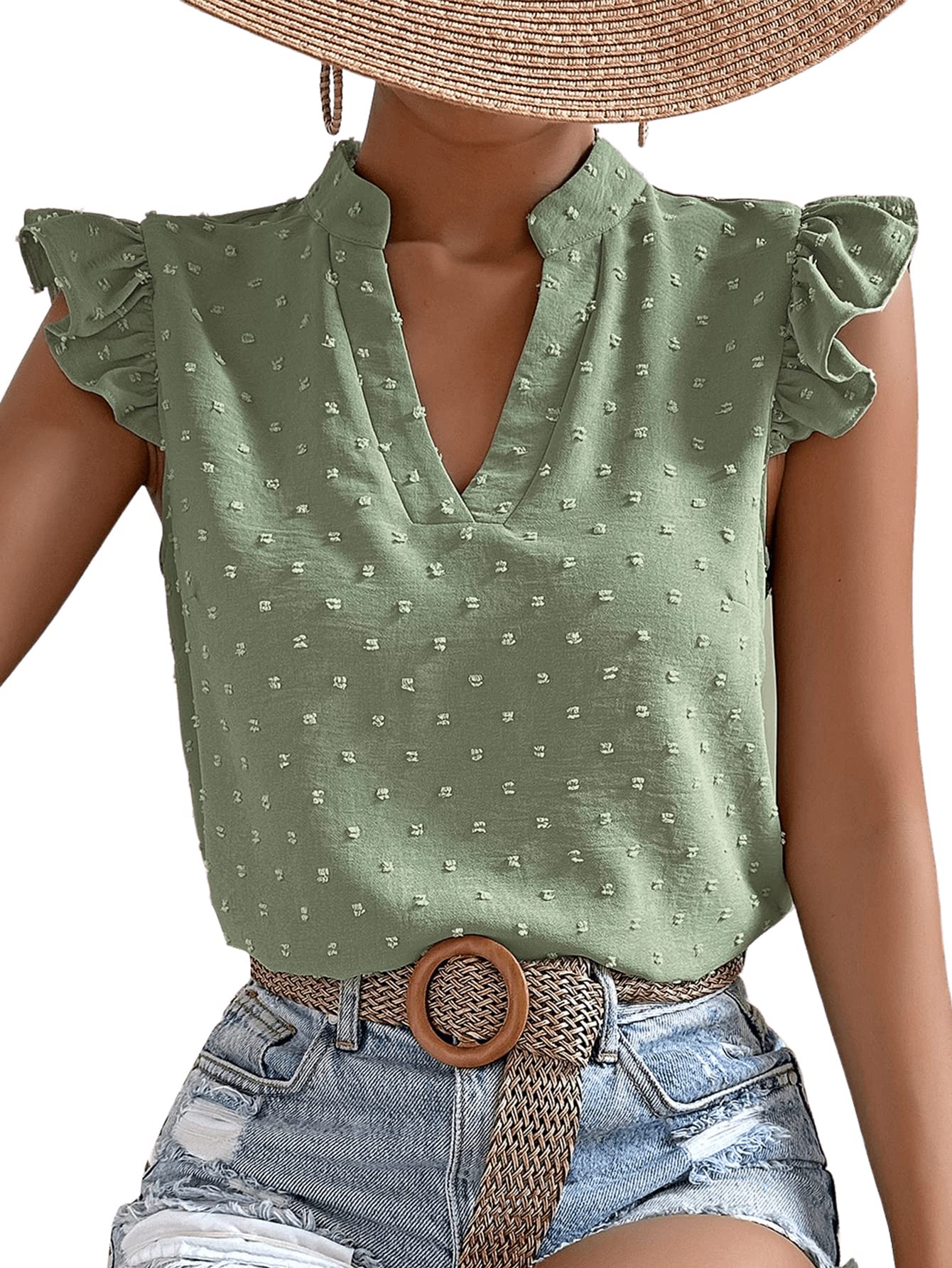 Striped Ruffle Cap Sleeve V-Neck Casual Work Blouse