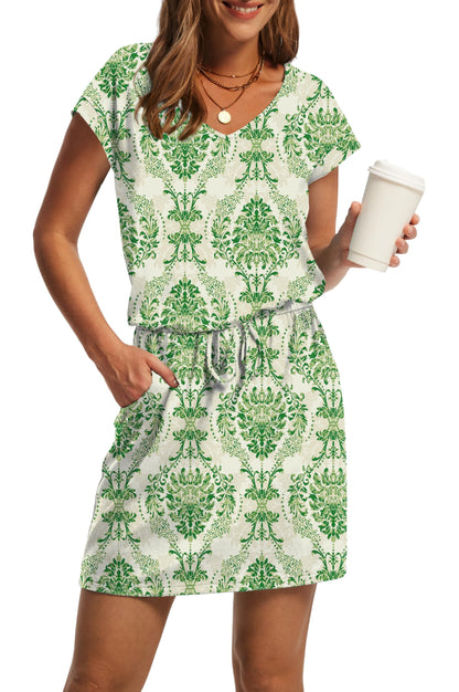 V-Neck Tie Waist Casual Mini Sundress with Pockets