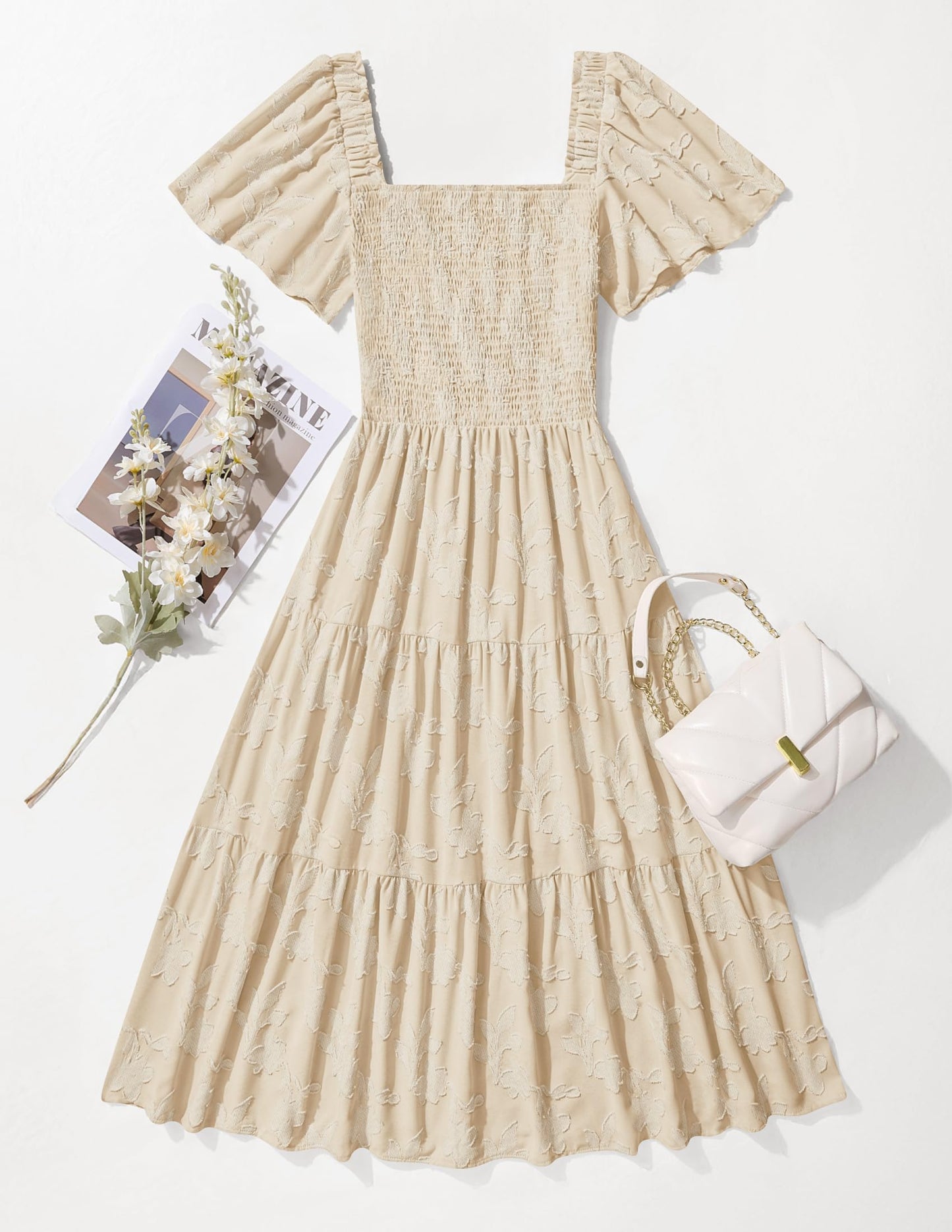 Women's Boho Floral Square Neck Midi Dress